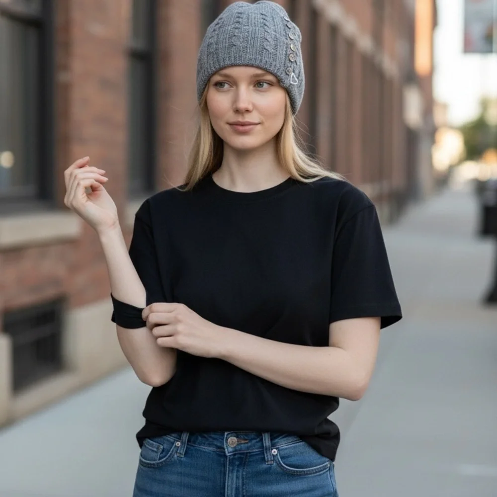 Chaps lamb wool blend knitted light gray beanie with buttons detail Women’s M